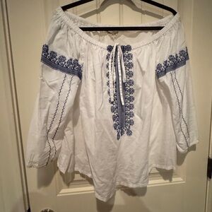 Madewell Long Sleeve White and Blue Embroidered Blouse